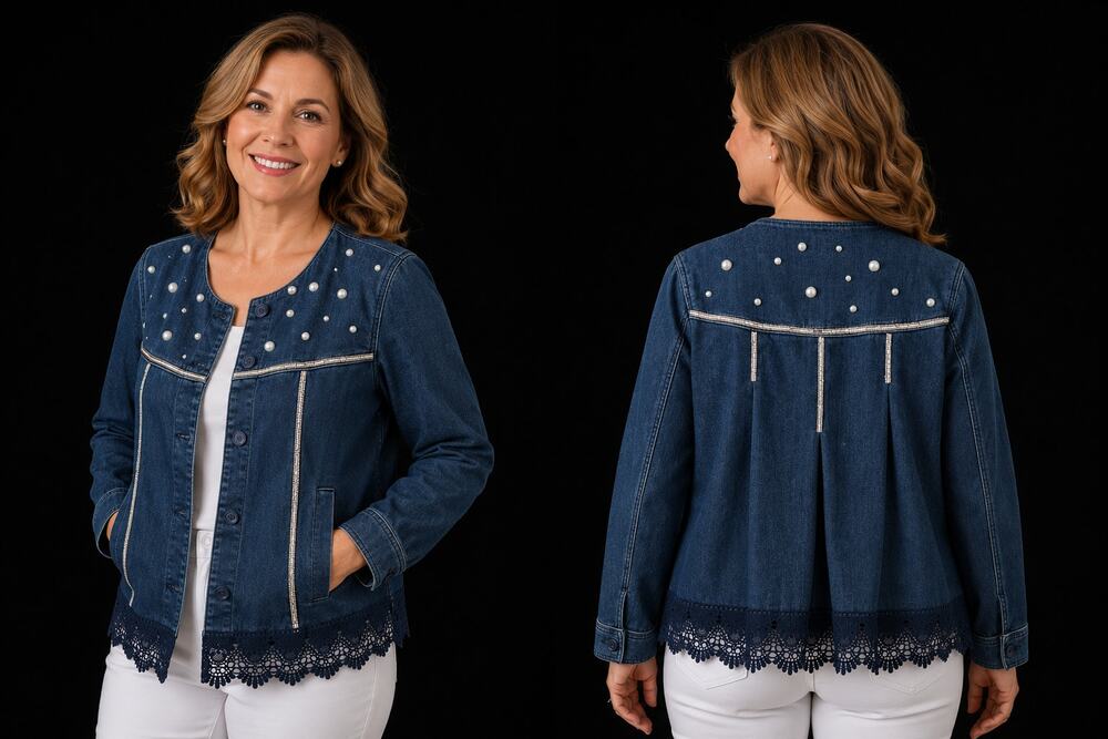 Denim St Johns Bay Stretch Swing Re-created Jacket w Pearls, Rhinestones & Lace